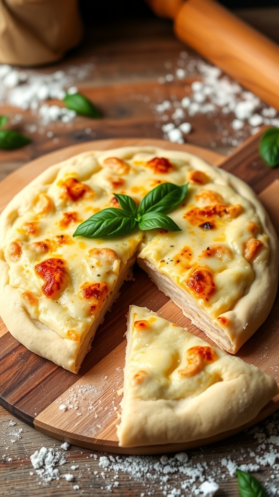 Golden brown low carb pizza crust topped with cheese and basil on a wooden board.